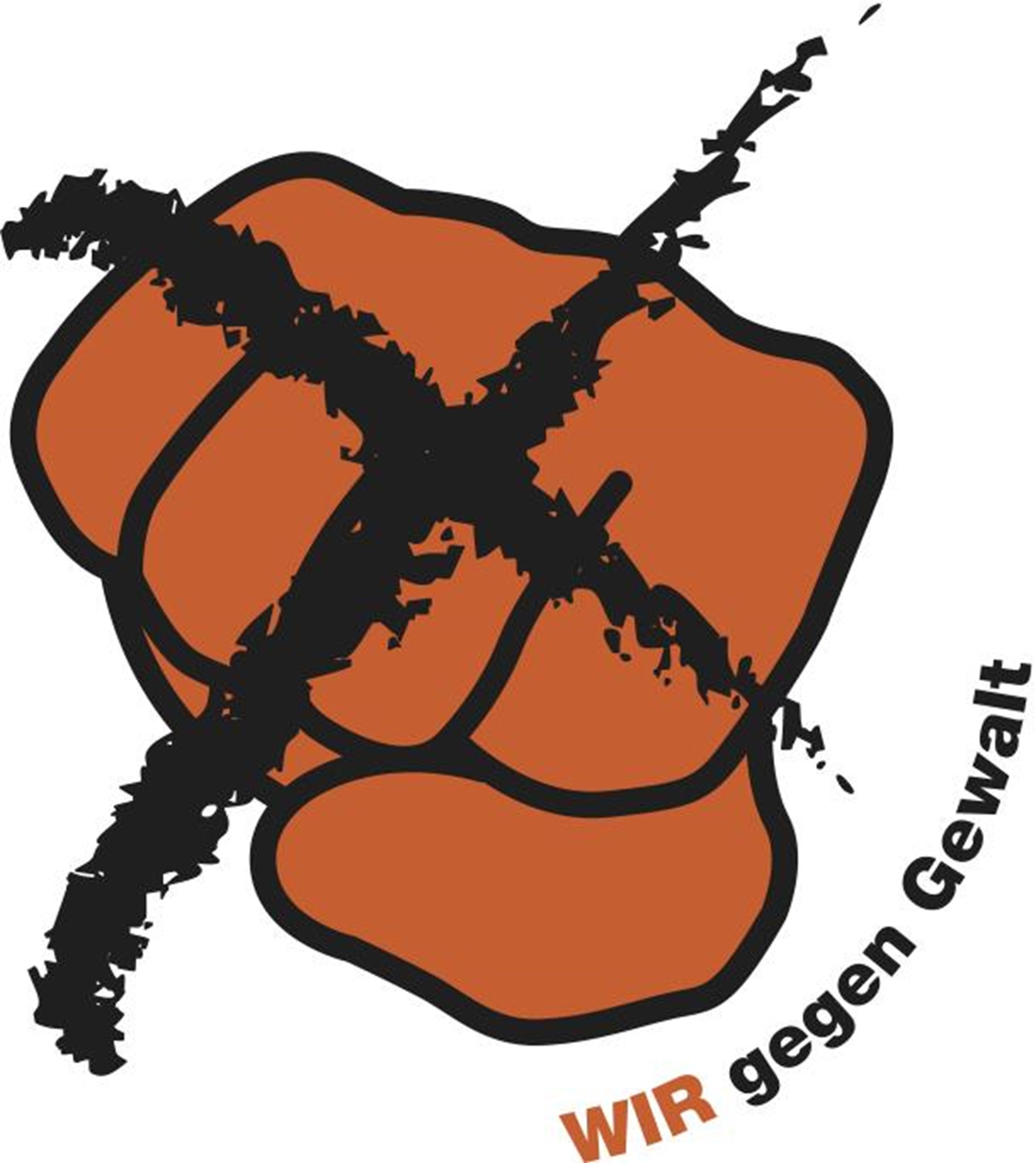 Sie sehen auf dem Bild eine orangefarbene, geballte Faust, die mit einem schwarzen X durchgestrichen ist. Darunter steht: Wir gegen Gewalt. 